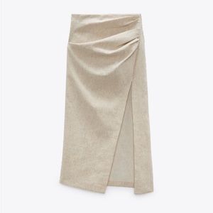 ZARA SLIT RUCHED Draped LINEN BLEND SKIRT